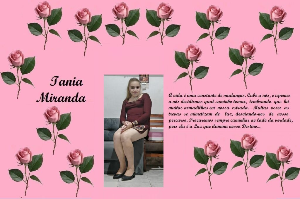 Tribute collage on pink background with a rose border: center photo of a woman, name Iania Miranda on the left, and a Portuguese message on the right.