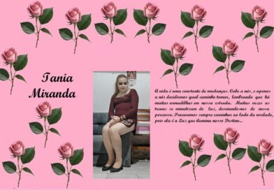 Tribute collage on pink background with a rose border: center photo of a woman, name Iania Miranda on the left, and a Portuguese message on the right.
