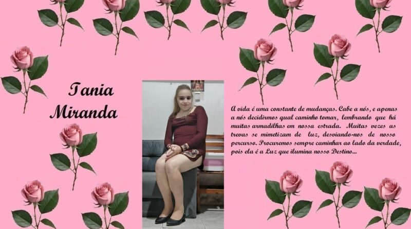 Tribute collage on pink background with a rose border: center photo of a woman, name Iania Miranda on the left, and a Portuguese message on the right.