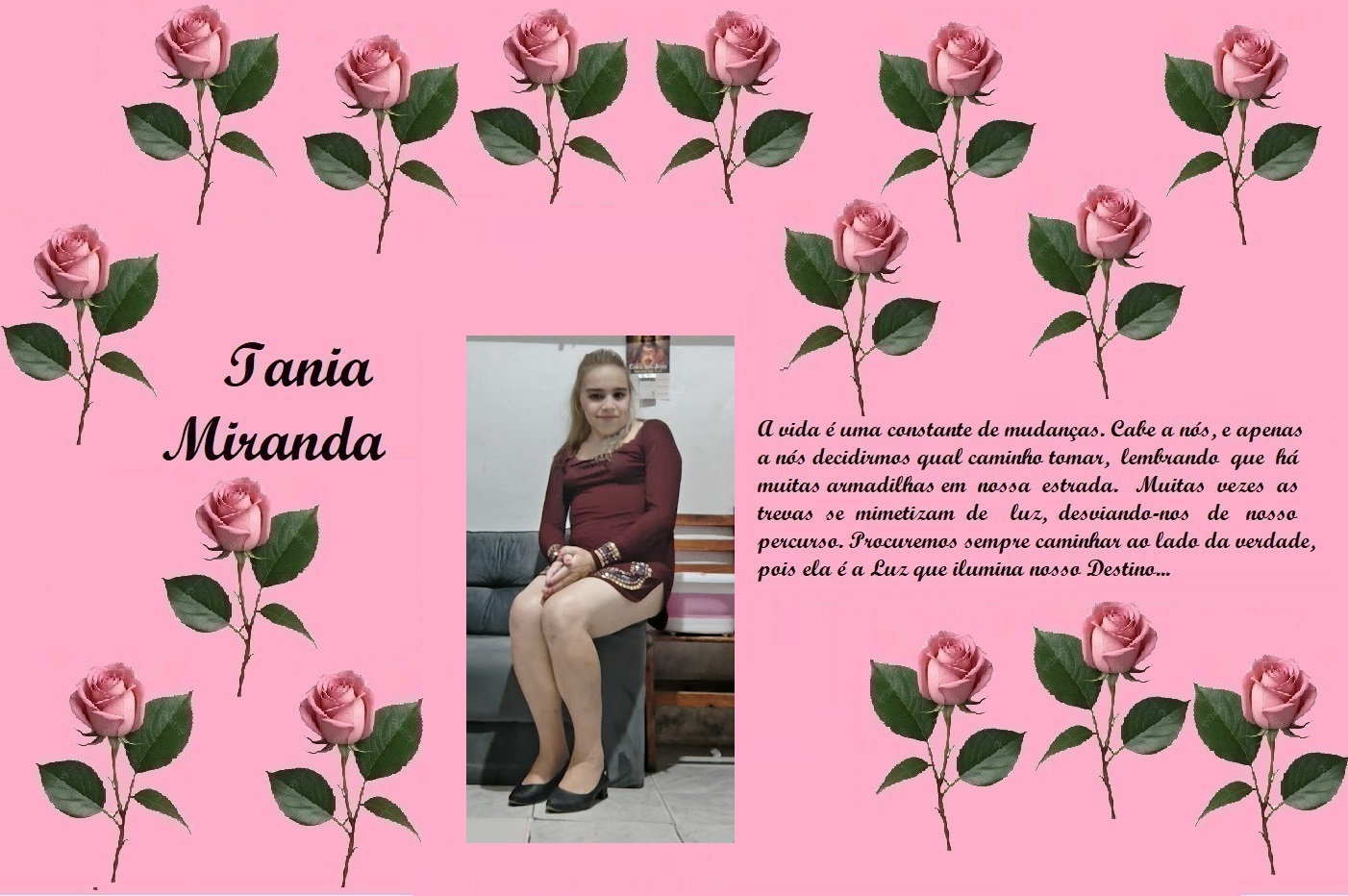 Tribute collage on pink background with a rose border: center photo of a woman, name Iania Miranda on the left, and a Portuguese message on the right.