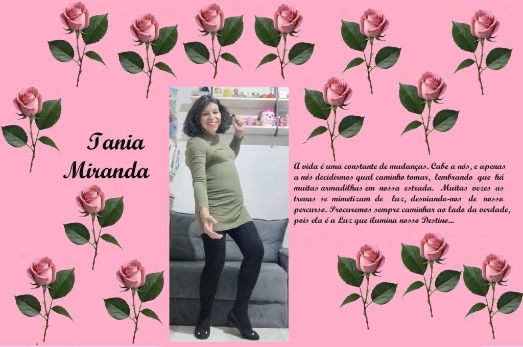 Tribute banner on pink background with rose borders, displaying the name 'Iania Miranda', a center photo of a smiling woman, and a Portuguese poem about life on the right.