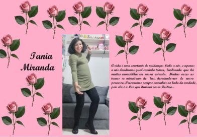 Tribute banner on pink background with rose borders, displaying the name 'Iania Miranda', a center photo of a smiling woman, and a Portuguese poem about life on the right.