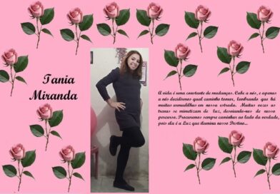 Pink tribute collage: rose border with the name Iania Miranda on the left, a photo of a smiling woman in black in the center, and a Portuguese life quote on the right.