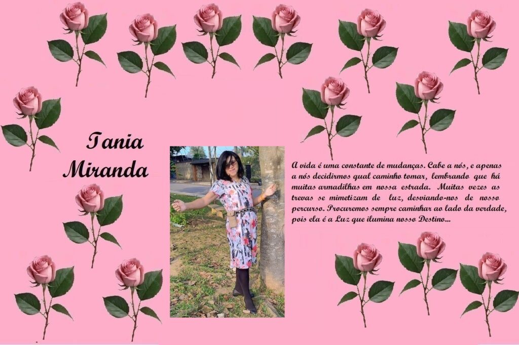 Pink memorial page for Iania Miranda with rose border, a photo of a woman in a floral dress, and a Portuguese tribute.