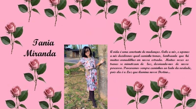 Pink memorial page for Iania Miranda with rose border, a photo of a woman in a floral dress, and a Portuguese tribute.