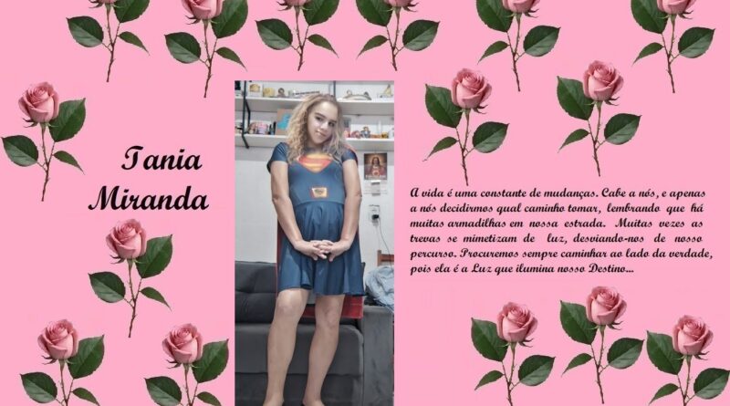 Pink tribute card with pink roses border, a center photo of a woman in a blue dress, and the name 'Iania Miranda' on the left with a Portuguese quote on the right.