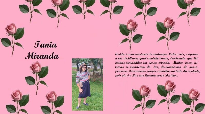 Decorative pink collage with rose illustrations framing a name, a portrait photo of a woman in a patterned sweater in the center, and a long Portuguese quote on the right.