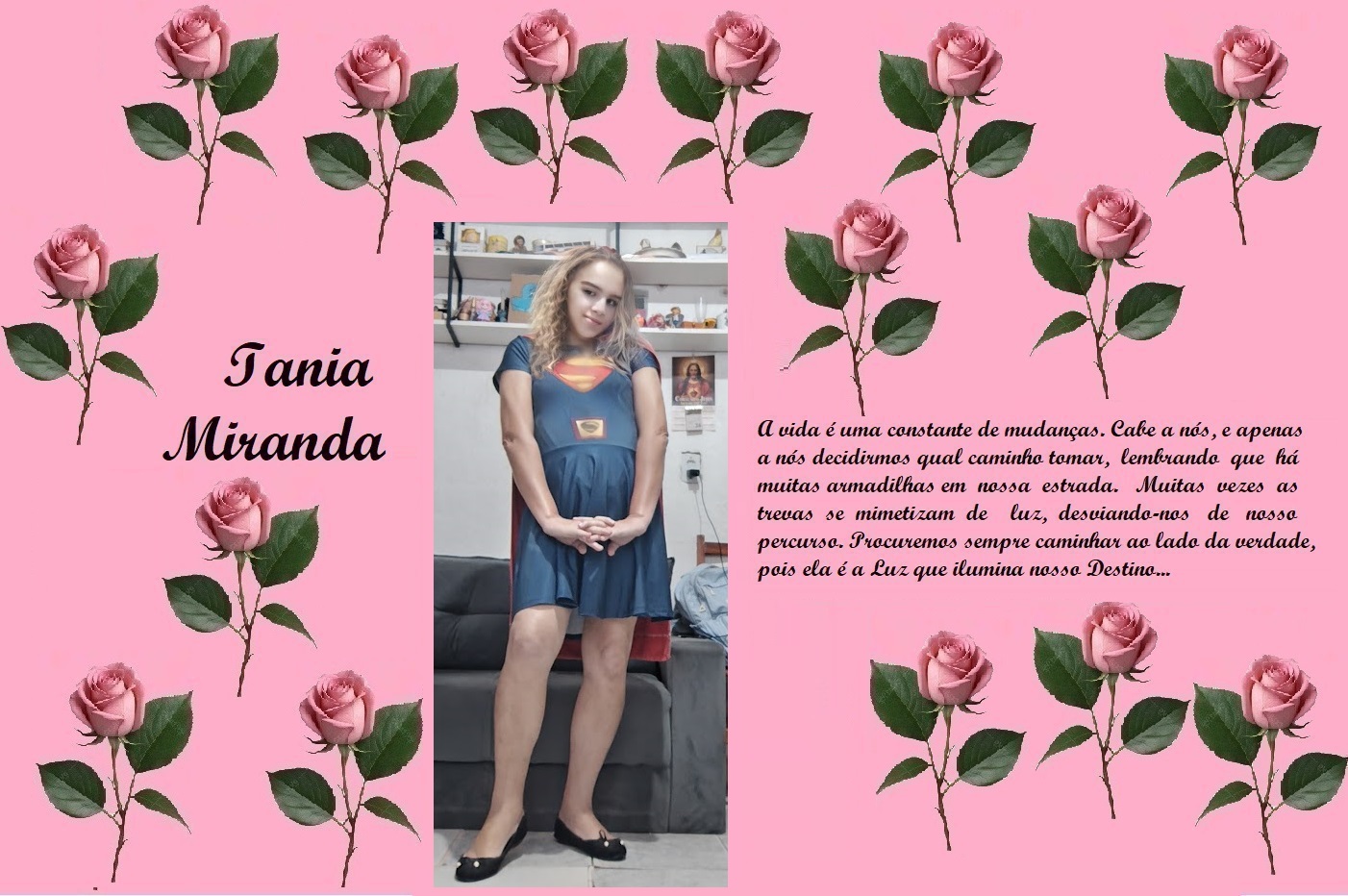 Pink tribute card with pink roses border, a center photo of a woman in a blue dress, and the name 'Iania Miranda' on the left with a Portuguese quote on the right.